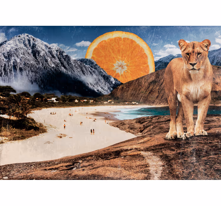 Foto behang dieren leeuw strandscene - TenStickers