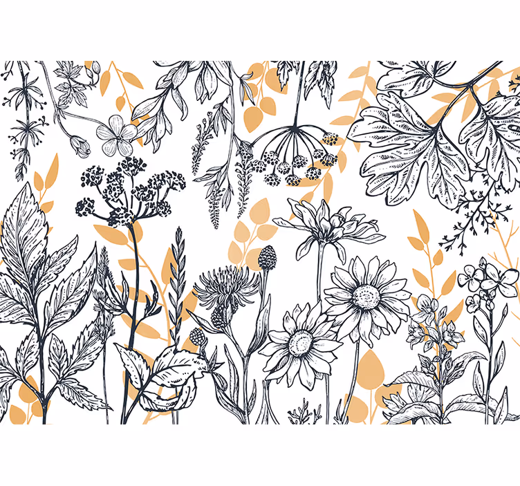 Bloemen foto behang botanische omlijning illustratie - TenStickers
