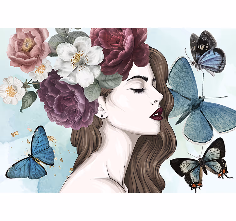 Bloemen foto behang vrouw met vlinders - TenStickers