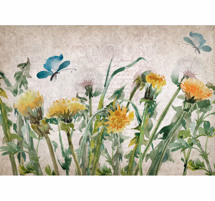 Bloemen foto behang paardenbloemen met vlinders - TenStickers