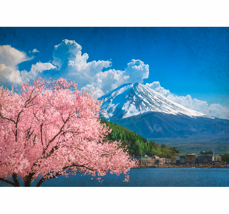 Fototapet landschap bergen en kersenbloesems - TenStickers