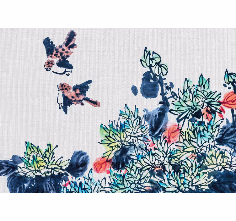 Bloemen foto behang vogels tussen bloemen - TenStickers