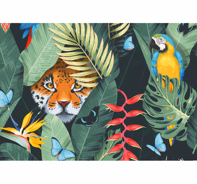 Tijger en papegaai foto behang dieren - TenStickers