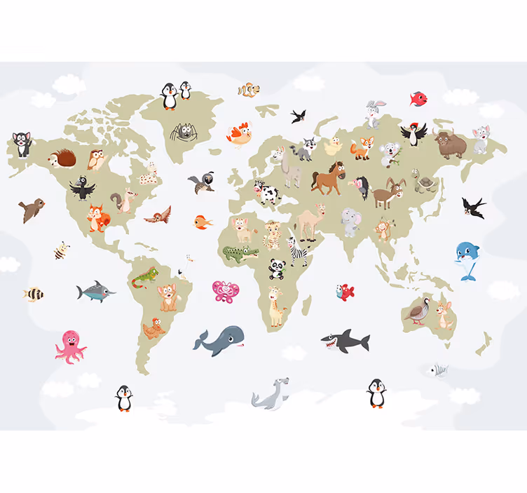 Foto behang dieren wereldkaart van wezens - TenStickers