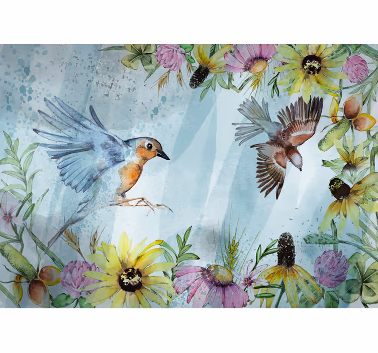 Kleurrijke bloemenvogels fotobehang kantoor - TenStickers