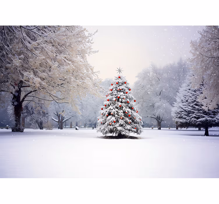 Kerstspar in de sneeuw Fotobehang boom - TenStickers