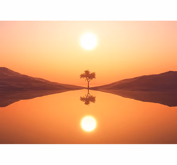 Serene zonsopgang bij het meer fototapet landschap - TenStickers