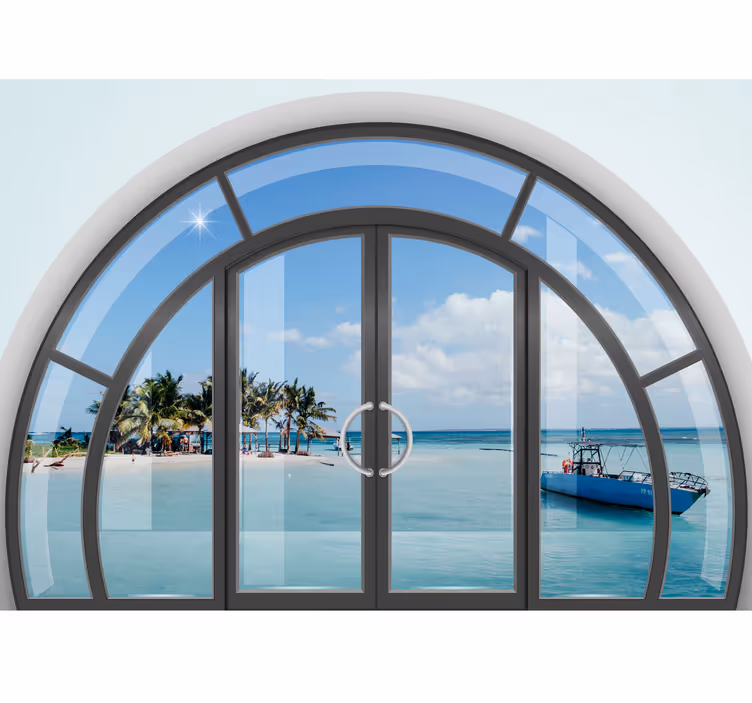3d fotobehang Caribisch zee landschap door raam - TenStickers