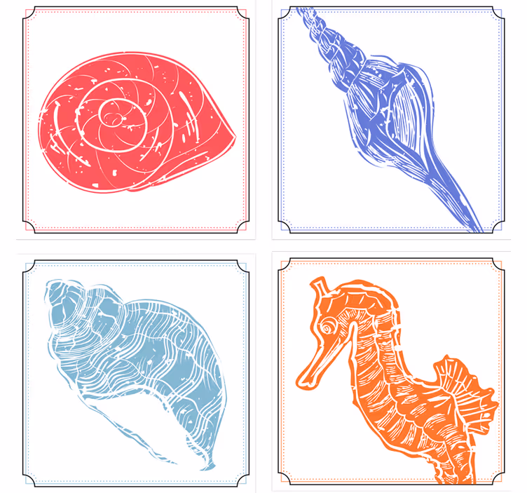 Enge onderzetters met zeepaard en schelpenillustraties - TenStickers