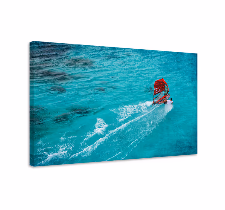 Blauw canvas schilderij windsurfster op het water - TenStickers
