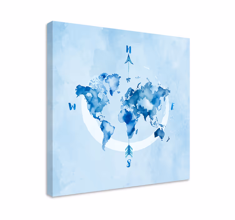 Blauw canvas schilderij aquarel blauwe wereldkaart - TenStickers