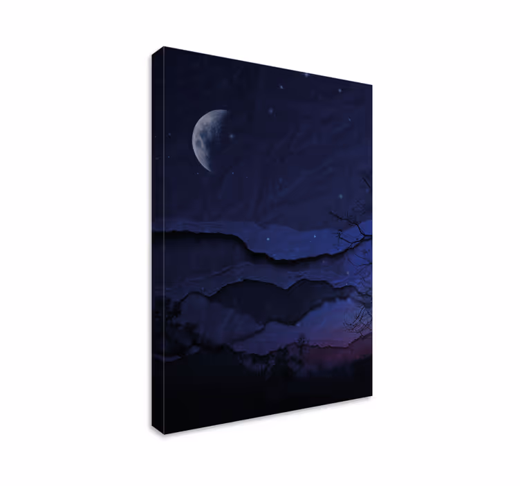 Blauw canvas schilderij nacht origineel landschap met maan - TenStickers