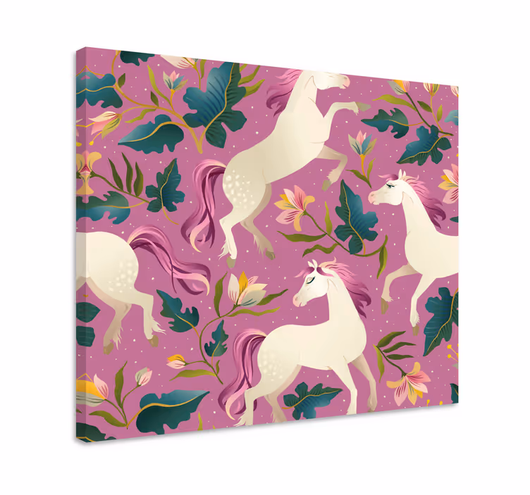 Paarden schilderij op canvas roze en bloemdessin paard - TenStickers