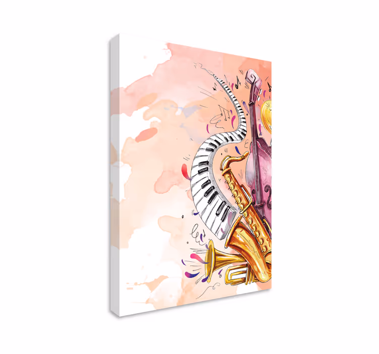 Canvas schilderij saxofoon piano en cello  - TenStickers