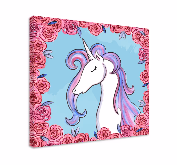 Canvas schilderij eenhoorn en roze bloemen - TenStickers