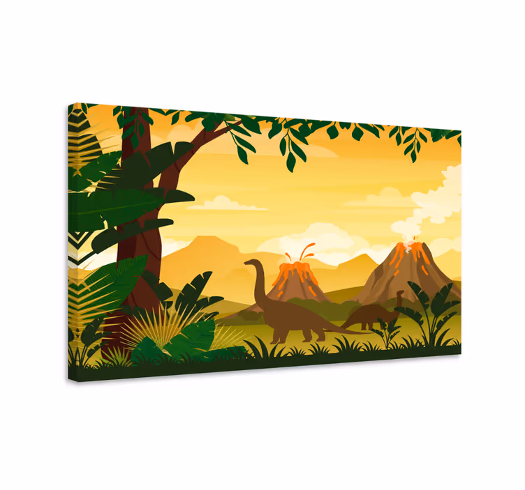 Canvas schilderij dinosaurus tussen vulkanen - TenStickers