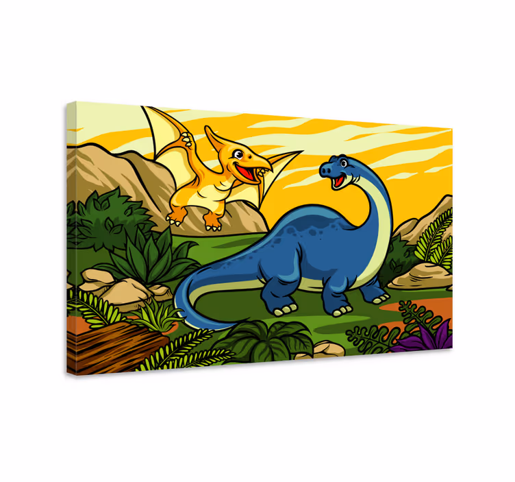 Canvas schilderij dinosaurus blije dinosaurussen spelen - TenStickers