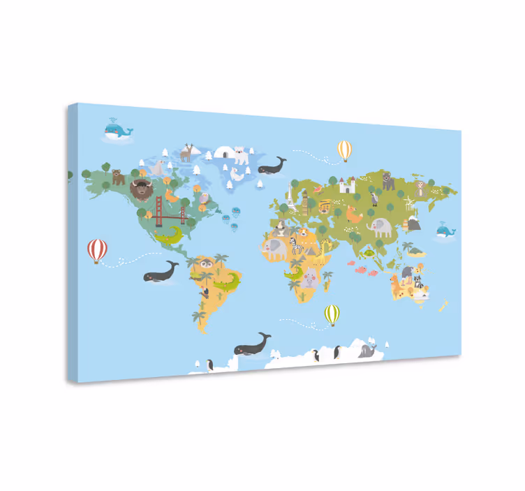 Wereldkaart canvas schilderij dromerige dierenkaart - TenStickers