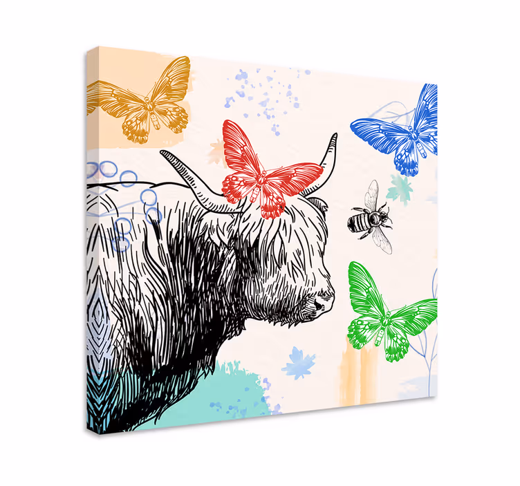 Canvas schilderij dieren hooglandrund en vlinders - TenStickers