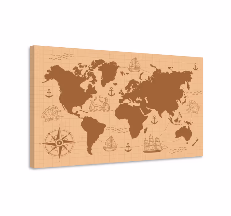 Wereldkaart canvas schilderij Bruin met kompas - TenStickers