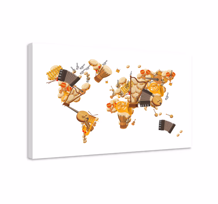 Wereldkaart canvas schilderij Muziekinstrument - TenStickers