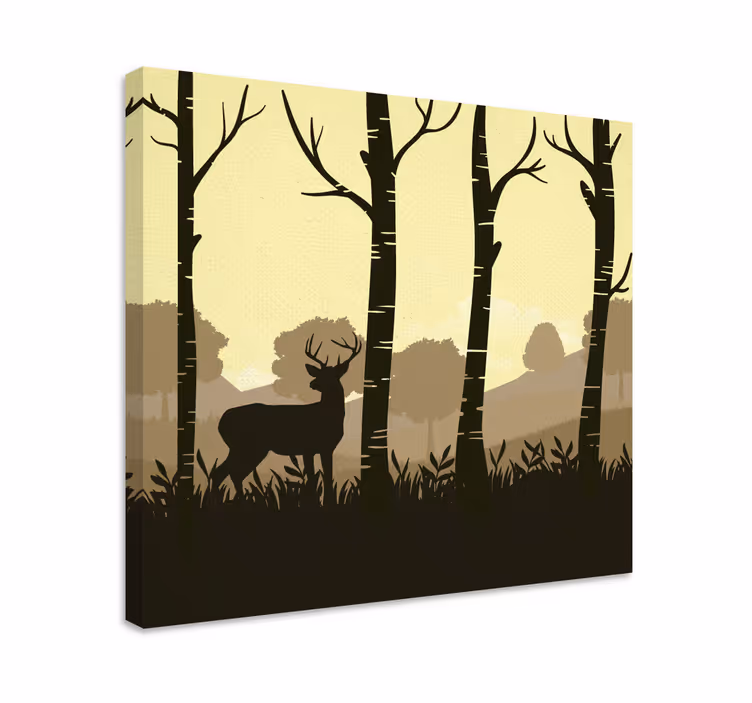 Canvas schilderij herten silhouet van een hert tussen bomen - TenStickers
