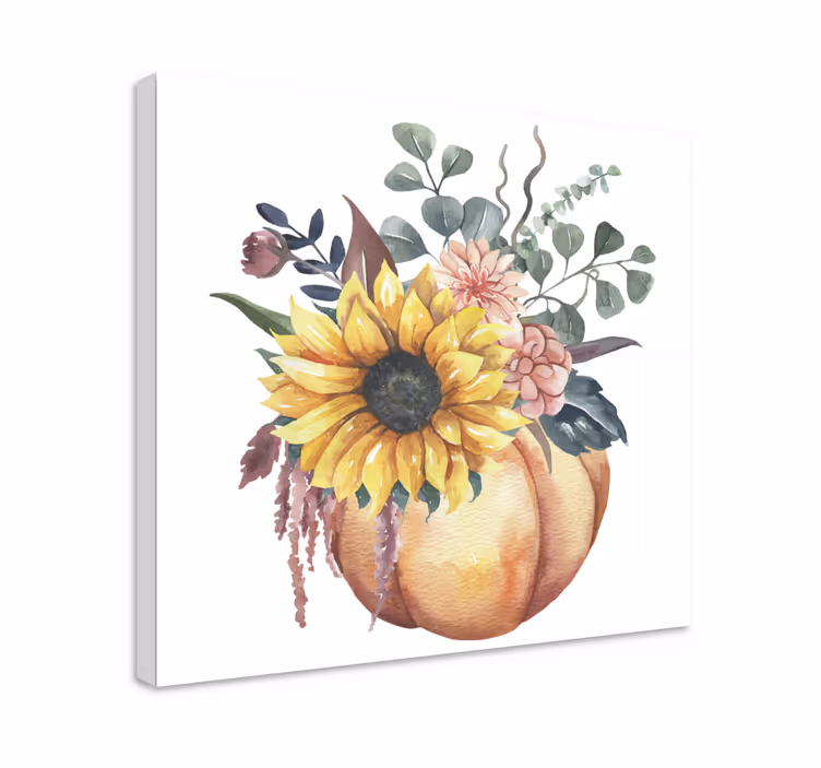 Canvas stilleven en fruit Dode zonnebloem en pompoen - TenStickers