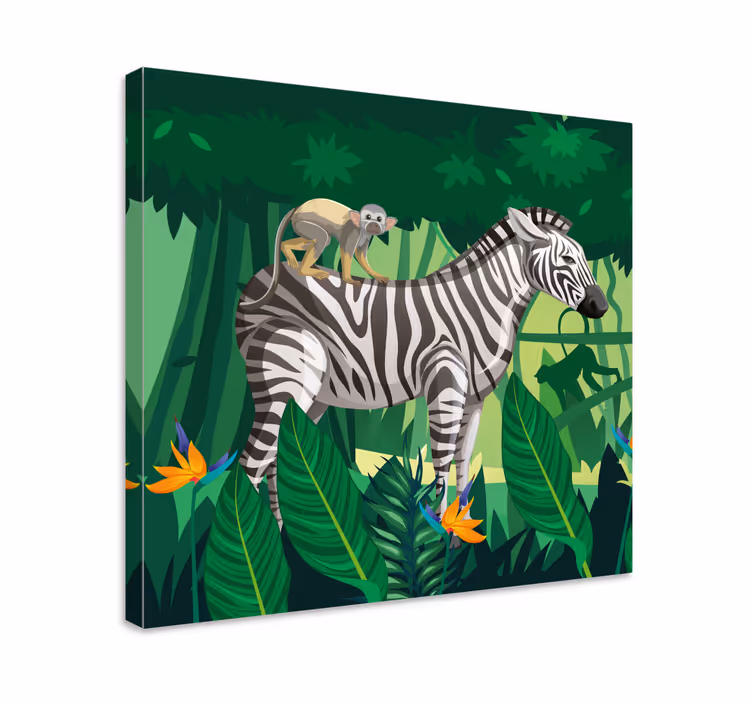 Canvas schilderij dieren zebra met aap - TenStickers