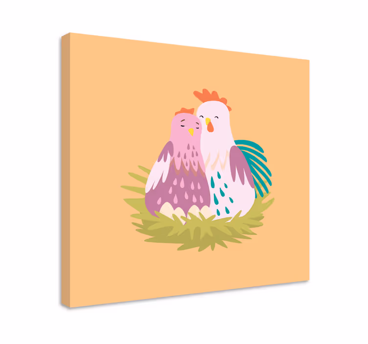 Canvas schilderij dieren koppeltje kippen nestelen - TenStickers