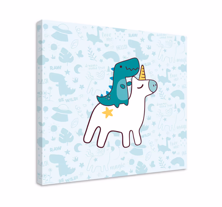 Canvas schilderij eenhoorn met dinosaurusridder - TenStickers