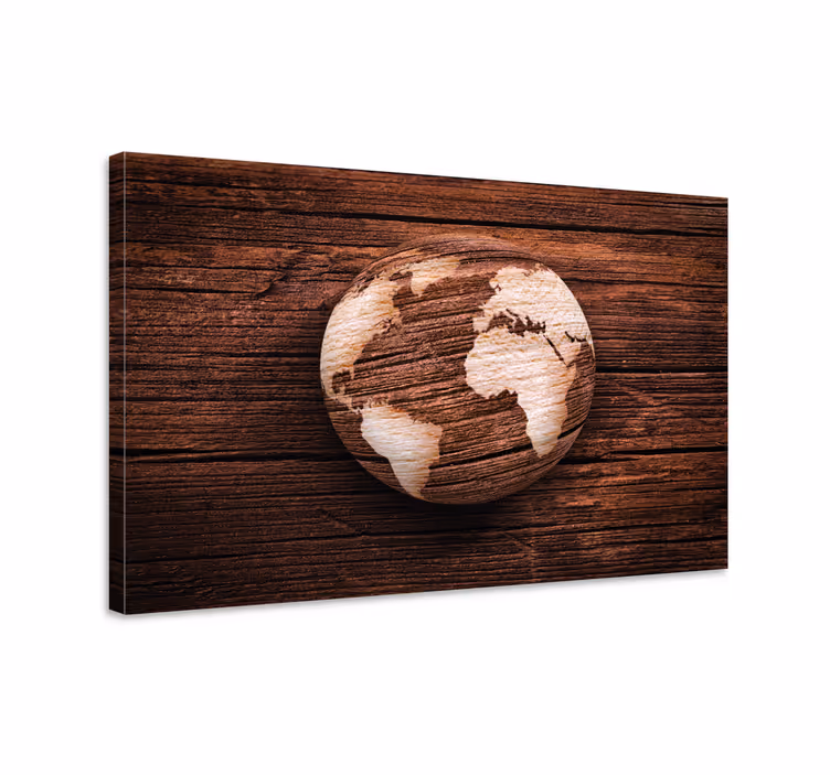 Wereldkaart canvas schilderij houten globe design - TenStickers