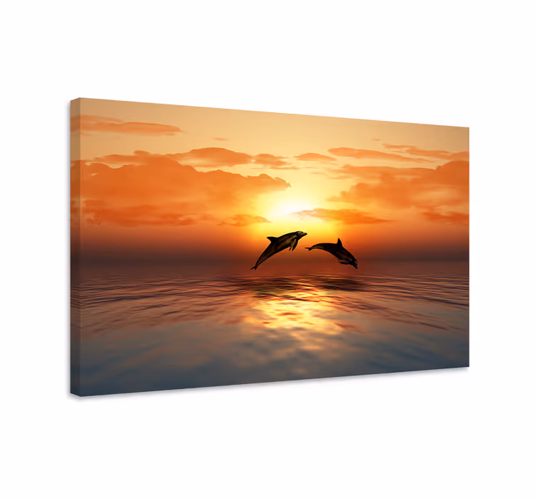 Canvas schilderij marine dolfijnen bij zonsondergang - TenStickers
