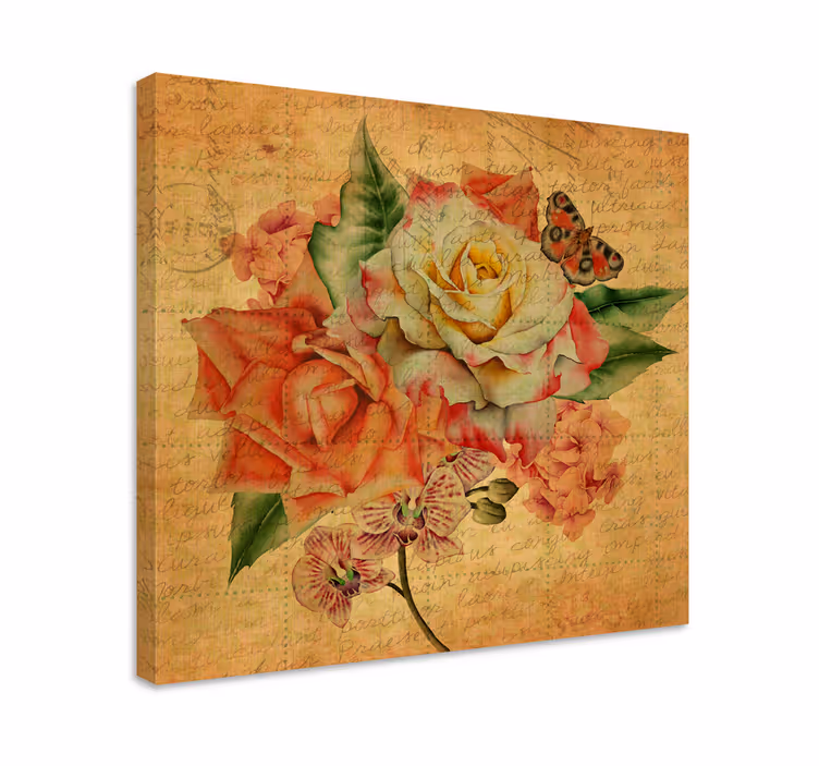 Rozen en vlinder Canvas schilderij bloemen en planten - TenStickers