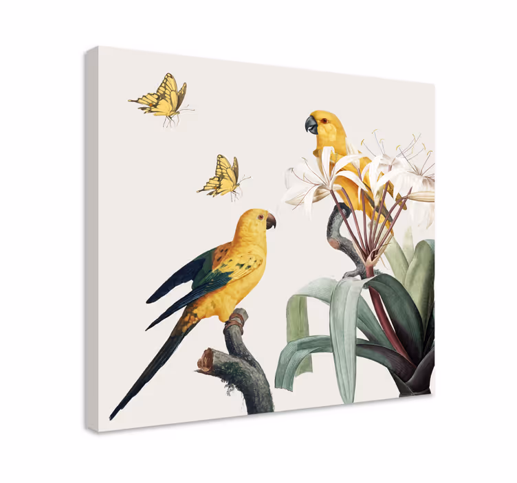 Vintage canvas schilderij Papegaaien met gele bloemen en vlinders - TenStickers