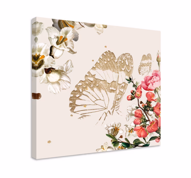 Canvas schilderij vlinder gouden vlinder bloesems - TenStickers