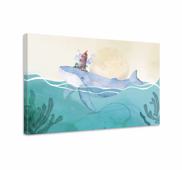 Canvas schilderij marine walvis en vuurtoren - TenStickers