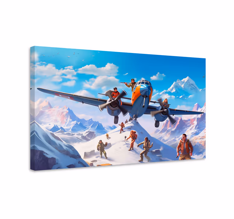 Game karakters op vliegtuig en bergen canvas - TenStickers