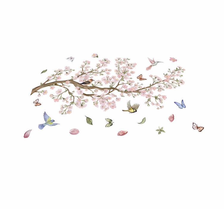 Vinyl tapijt bloemen en planten kersenbloesem met vogels - TenStickers