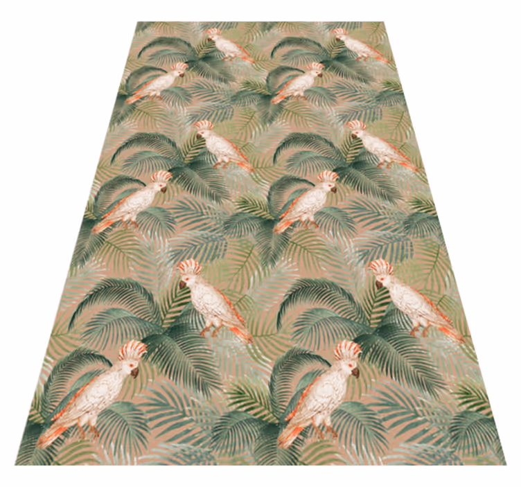 Dieren vinyl tapijt witte papegaaien op beige palmen - TenStickers