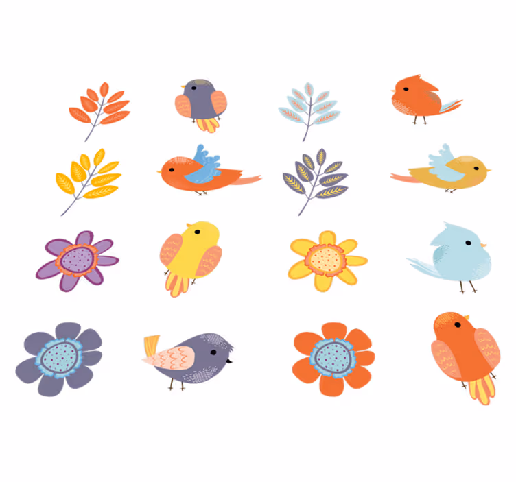 Vinyl tapijt bloemen en planten voorjaarsvogels set - TenStickers