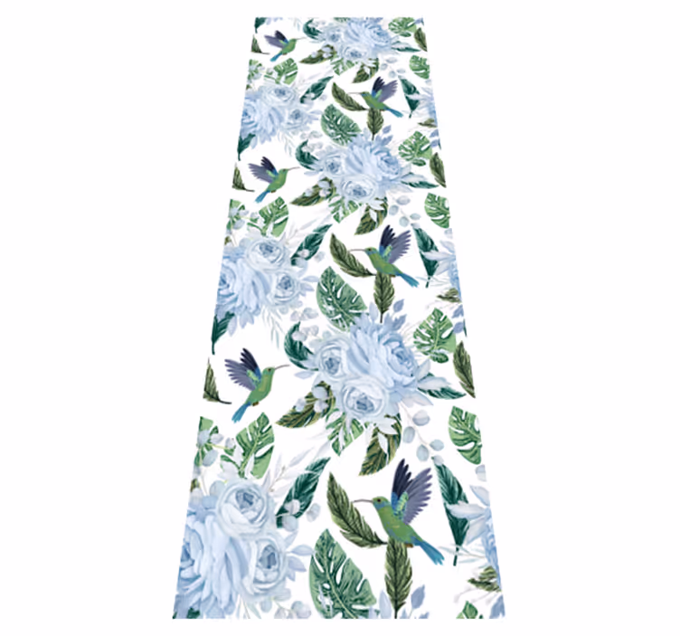 Vinyl tapijt bloemen en planten blauwe tuinbloemen met vogels - TenStickers