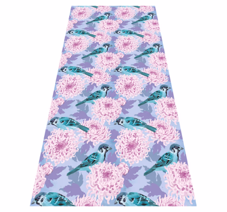 Vinyl tapijt bloemen en planten roze tuinbloemen met vogels - TenStickers