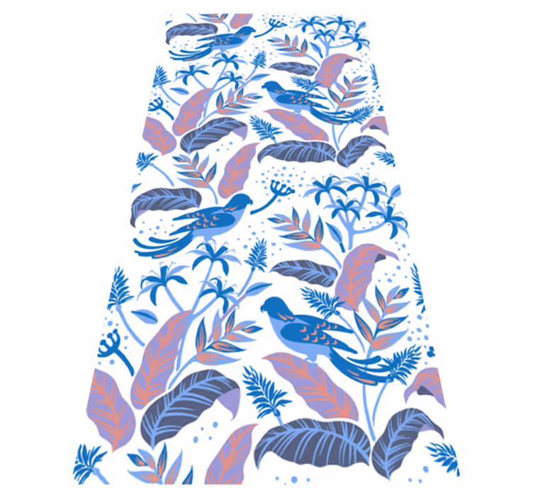 Vinyl tapijt bloemen en planten met blauwe en roze vogels - TenStickers