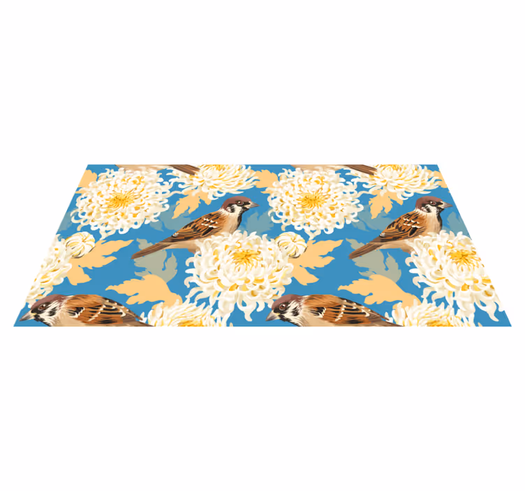 Vinyl tapijt bloemen en planten aquarella vogels en bladeren - TenStickers