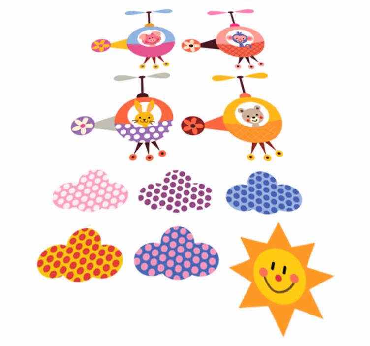 Vinyl tapijt kind sticker met dieren en helikopter - TenStickers