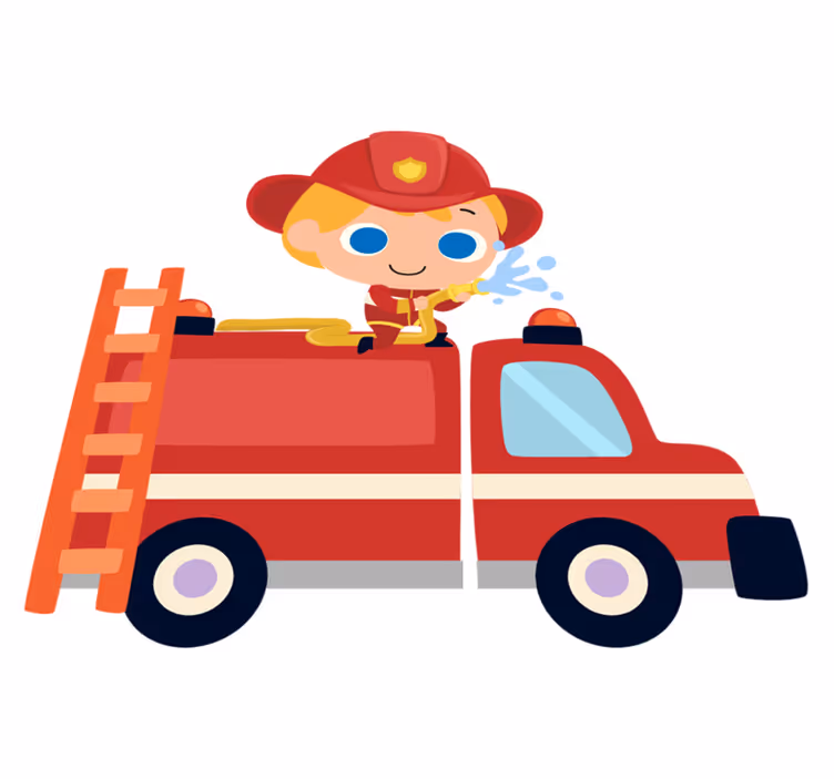 Vinyl tapijt kind brandweerman rode auto - TenStickers