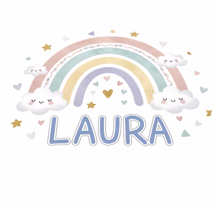 Vinyl tapijt kind met naam op pastelregenboog - TenStickers
