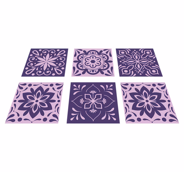 Vinyl vloerkleed badkamer paarse bloemen tegels - TenStickers