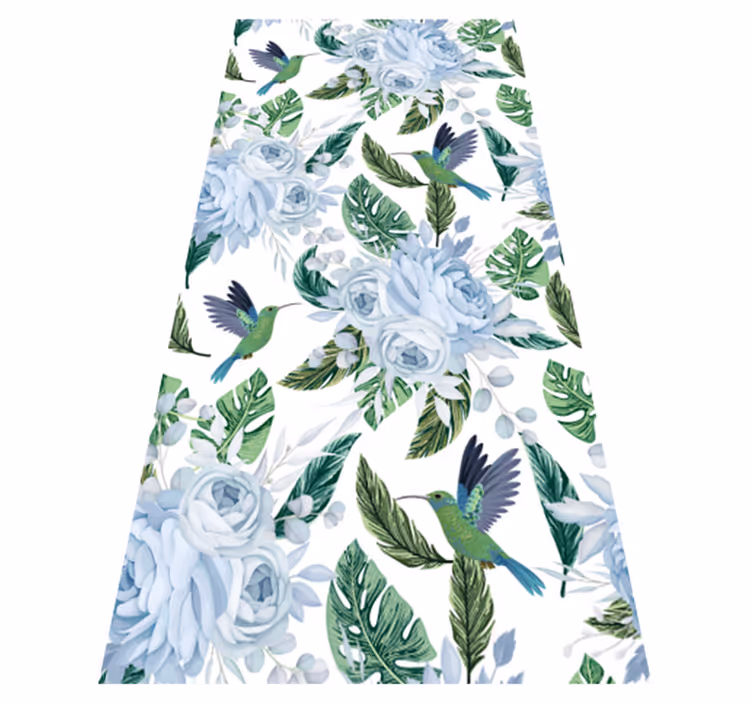 Vinyl vloerkleed keuken blauwe bloemen met vogels - TenStickers
