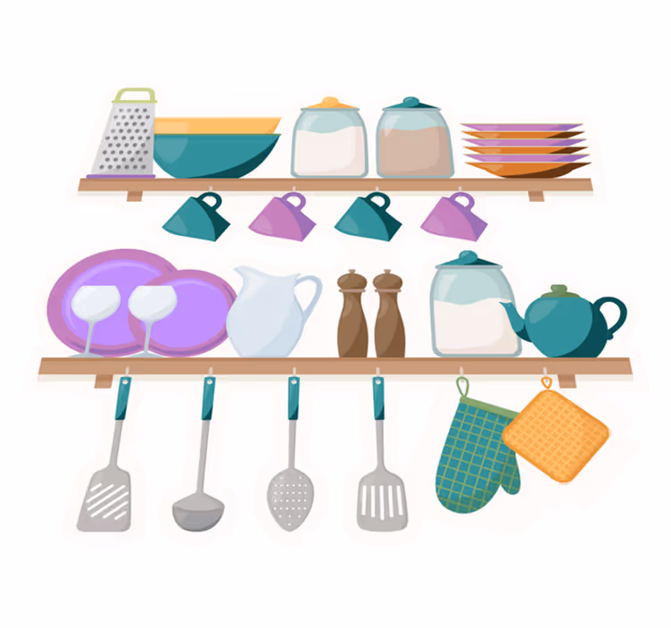 Vinyl vloerkleed keuken met kookgerei op planken - TenStickers